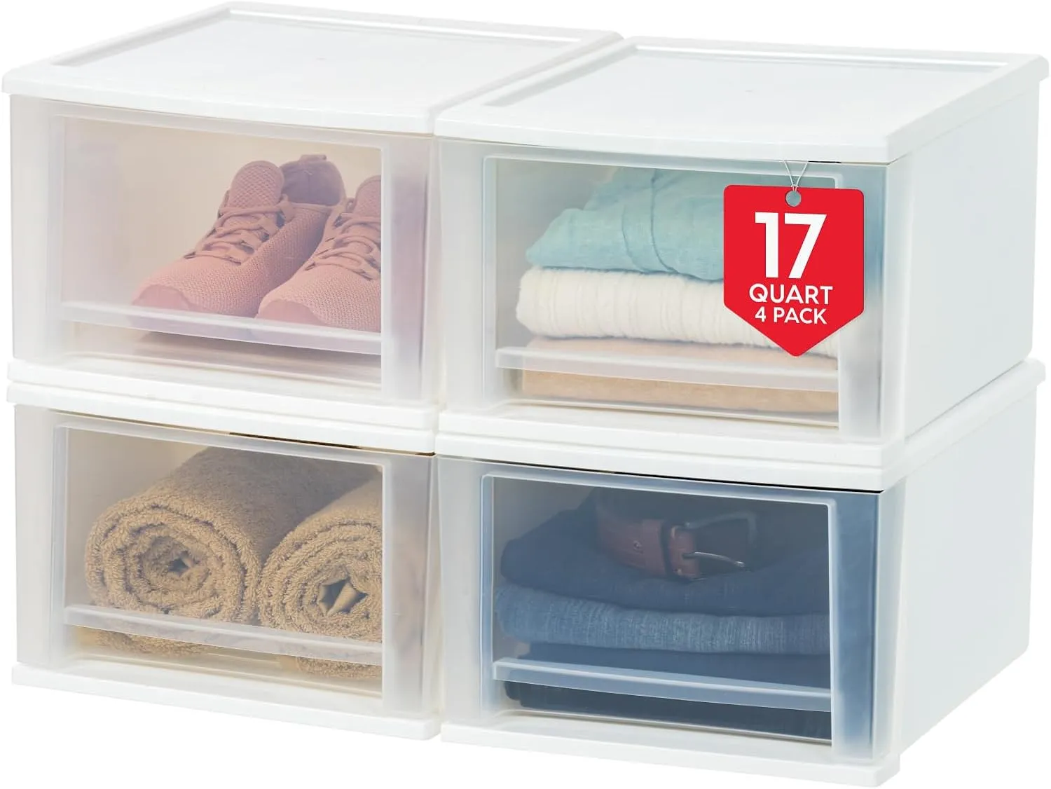 IRIS USA 17 Qt. Plastic Drawer Storage Organizer Stacking Drawers, 4-Pack, Stackable Unit with Sliding Drawer for Clothes Bedroom Kitchen Under Sink Pantry Craft Room Bathroom Dorm Office, White