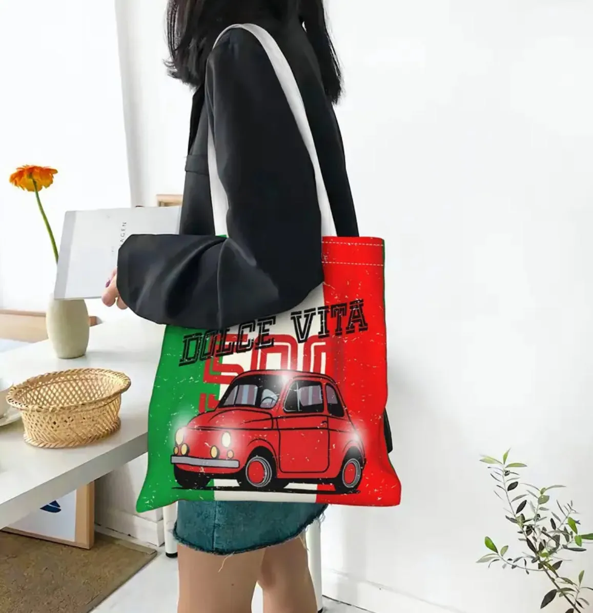 Italian Dolce Vita & Fiat- 500 Canvas Shopping,Tote Bag
