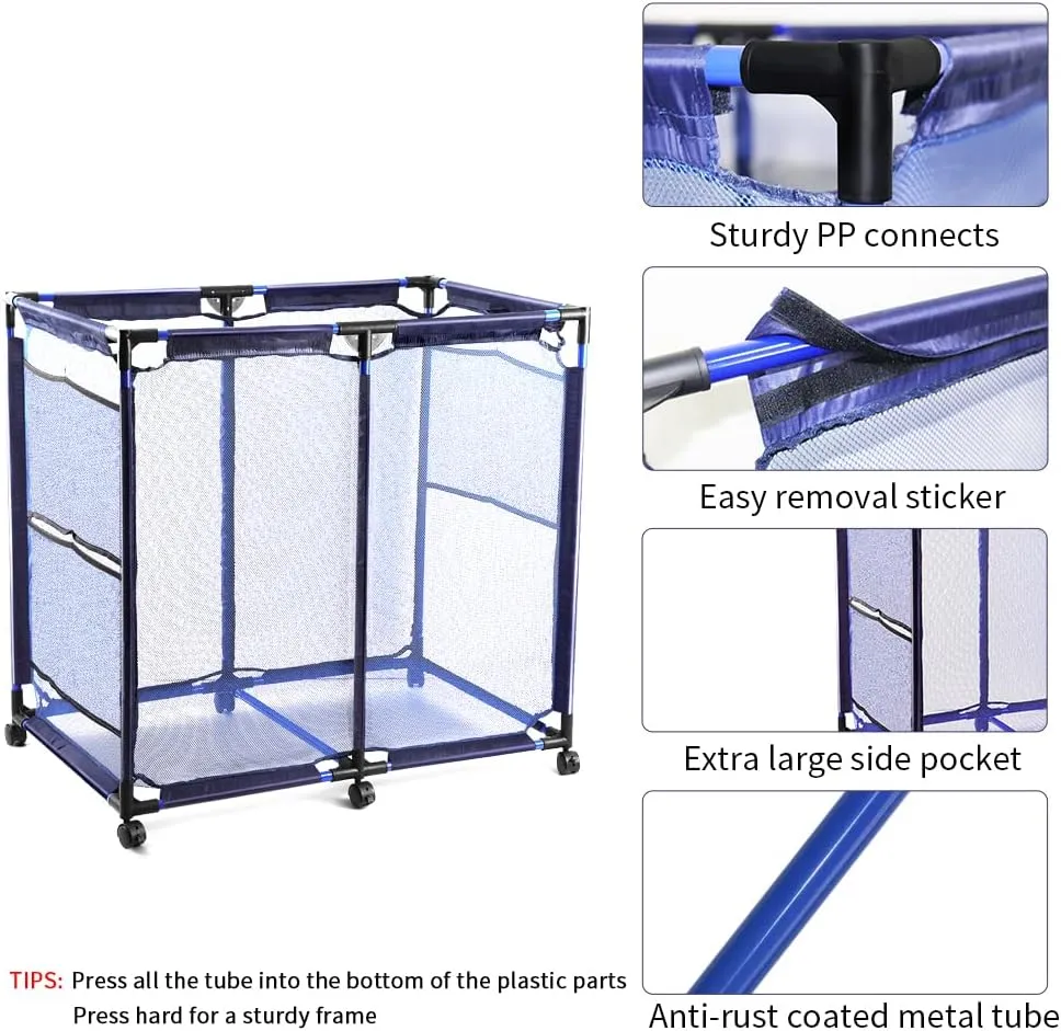 JEFEE Pool Storage Bins Rolling Cart Organizer with Nylon Mesh for Pool Floats, Balls, Toys, Large Capacity 37.2" L x 24.8" W x 35.4" H Blue
