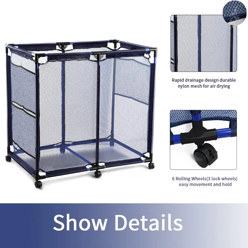 JEFEE Pool Storage Bins Rolling Cart Organizer with Nylon Mesh for Pool Floats, Balls, Toys, Large Capacity 37.2" L x 24.8" W x 35.4" H Blue