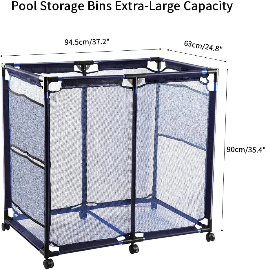JEFEE Pool Storage Bins Rolling Cart Organizer with Nylon Mesh for Pool Floats, Balls, Toys, Large Capacity 37.2" L x 24.8" W x 35.4" H Blue