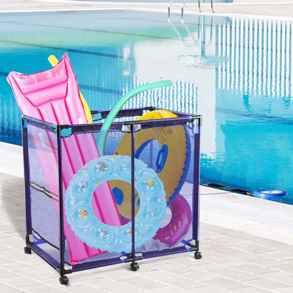 JEFEE Pool Storage Bins Rolling Cart Organizer with Nylon Mesh for Pool Floats, Balls, Toys, Large Capacity 37.2" L x 24.8" W x 35.4" H Blue