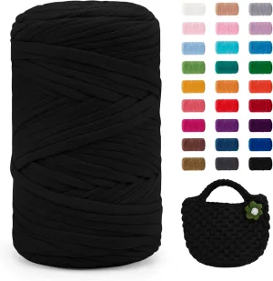 JeogYong T-Shirt Yarn, 400g/131 Yards Elastic Fabric Crochet Cloth T Shirt Yarn, Thick Hand Knitting Polyester Fabric Ribbon for Crocheting Bags/Baskets/Rugs, Home Decor, DIY Crafts (Black)