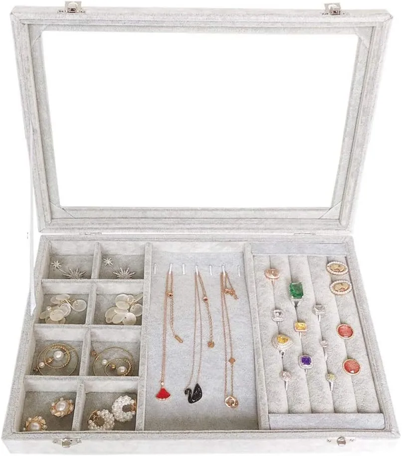 Jewellery Box Jewelry Box Organizer Jewelry Box with Clear Lid Ice Velvet Jewelry Storage Box Glass Jewelry Display Case Store Showcase Box Gifts for Girls Women Jewelry Organizer jewellery box (Jewel