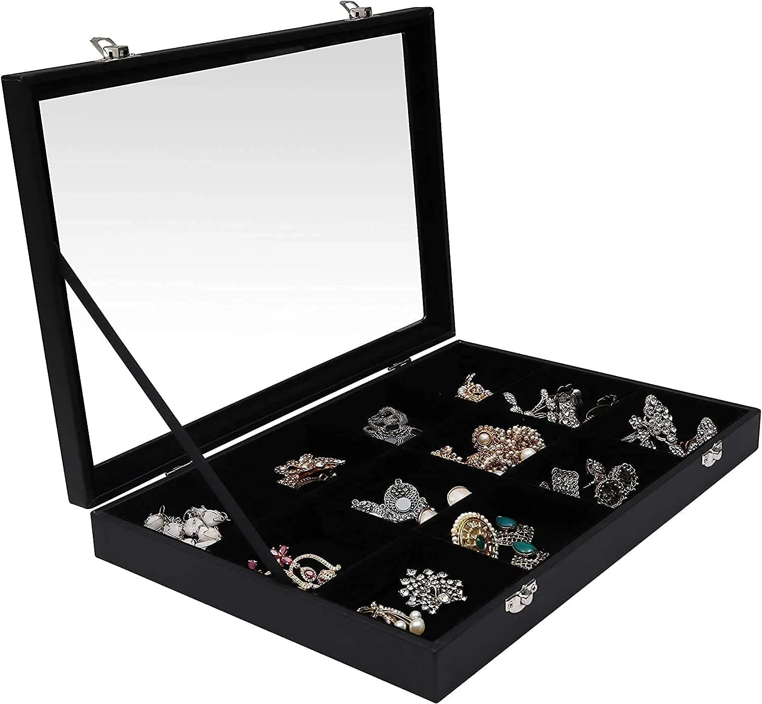 Jewellery Storage Box – 12 Compartments Jewellery Storage System Jewellery Box Velvet Jewellery Box Transparent Lid with Clasps Chains