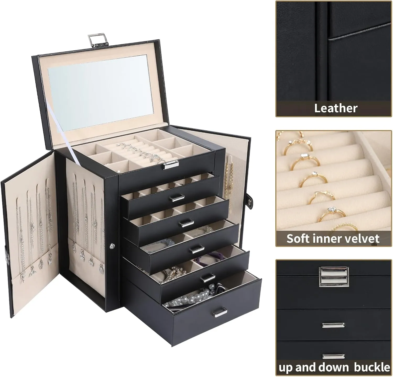 Jewelry Box for women 6-layer jewelry organizer with makeup mirror and lockbuckle 5-layer drawer Storage Necklace ring earrings large jewelry boxes (Black/JG)