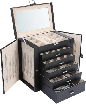 Jewelry Box for women 6-layer jewelry organizer with makeup mirror and lockbuckle 5-layer drawer Storage Necklace ring earrings large jewelry boxes (Black/JG)
