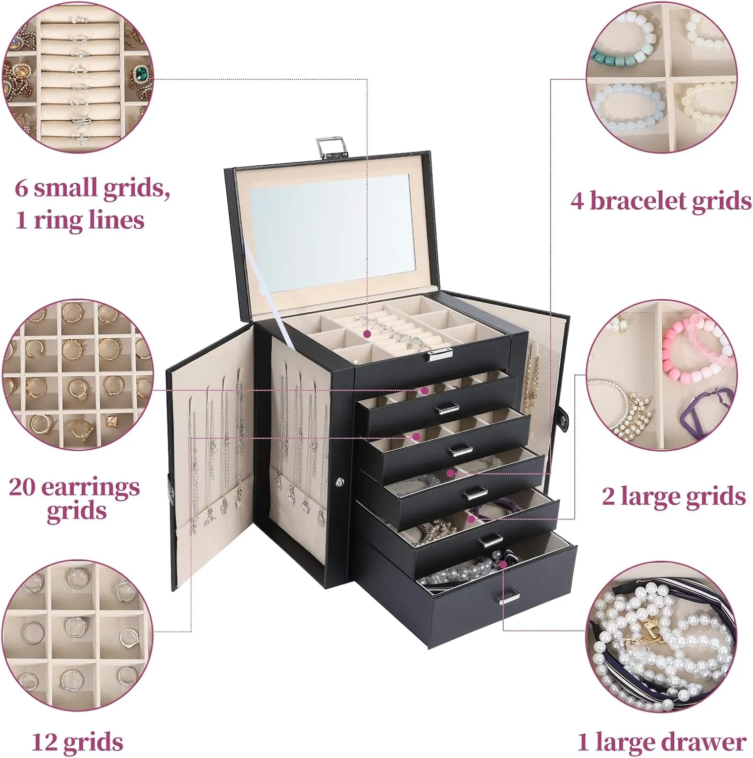 Jewelry Box for women 6-layer jewelry organizer with makeup mirror and lockbuckle 5-layer drawer Storage Necklace ring earrings large jewelry boxes (Black/JG)