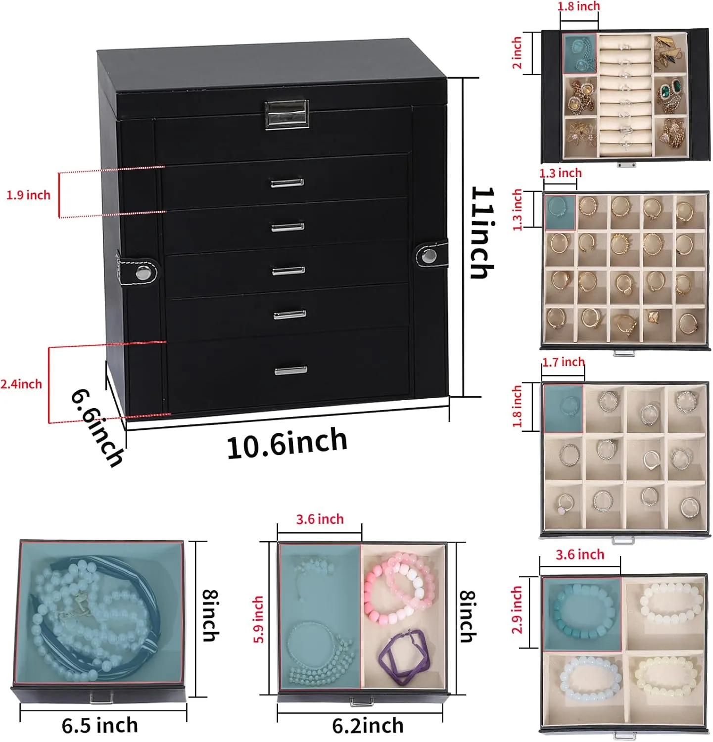Jewelry Box for women 6-layer jewelry organizer with makeup mirror and lockbuckle 5-layer drawer Storage Necklace ring earrings large jewelry boxes (Black/JG)