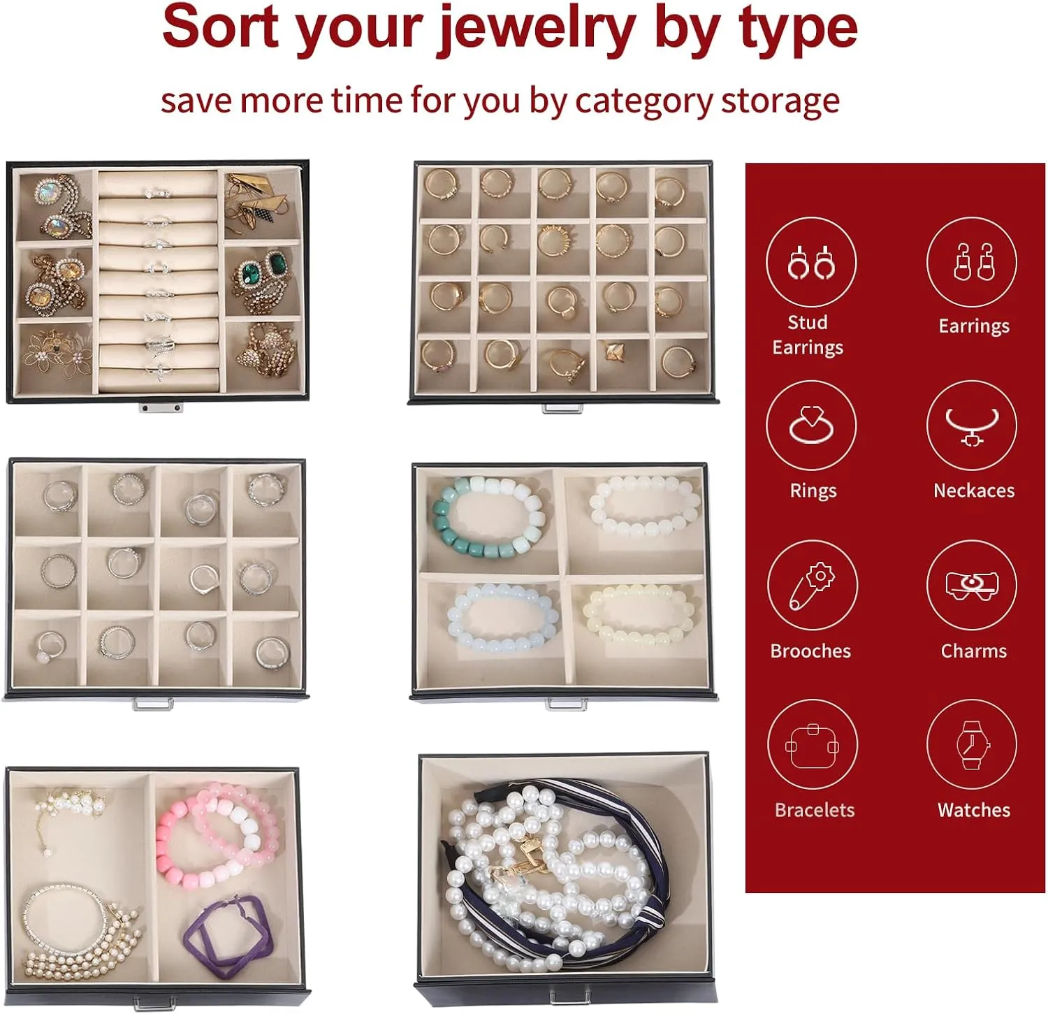 Jewelry Box for women 6-layer jewelry organizer with makeup mirror and lockbuckle 5-layer drawer Storage Necklace ring earrings large jewelry boxes (Black/JG)