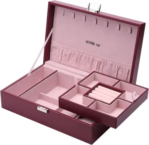 Jewelry Box PU Leather Jewelry Box Organizer with 2 Watch Case Removable Tray Jewelry Display Storage Case - Velvet Lining Earring Ring Bracelet Case Jewelry Box Organizer