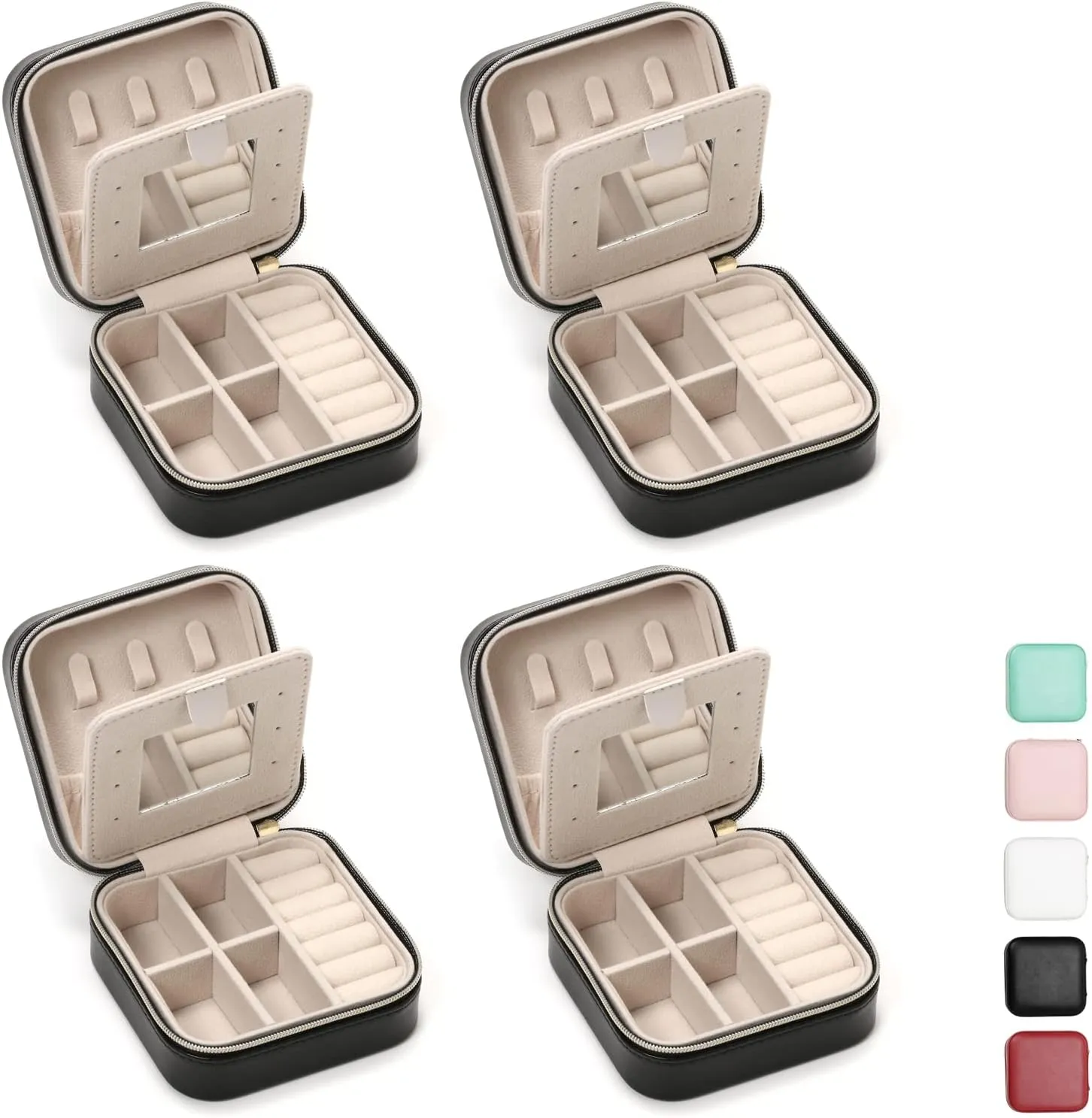 Jewelry Case with Mirror, Small Travel Jewelry Organizer, Portable Jewelry Box Mini Organizer Display Storage Box For Rings Earrings Necklaces (Black-4pack)