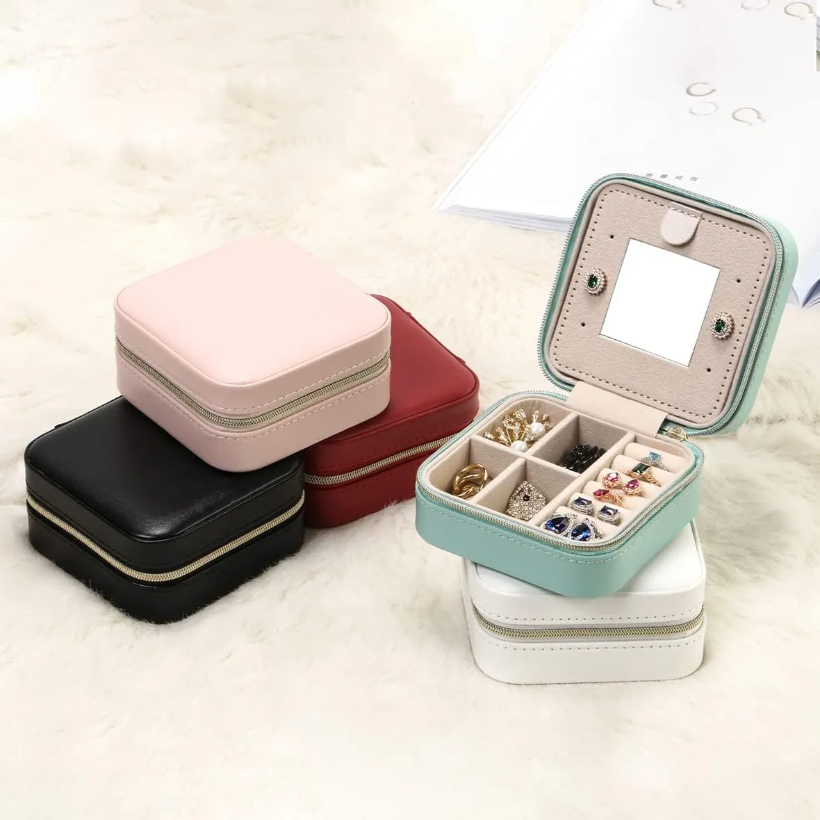 Jewelry Case with Mirror, Small Travel Jewelry Organizer, Portable Jewelry Box Mini Organizer Display Storage Box For Rings Earrings Necklaces (Black-4pack)