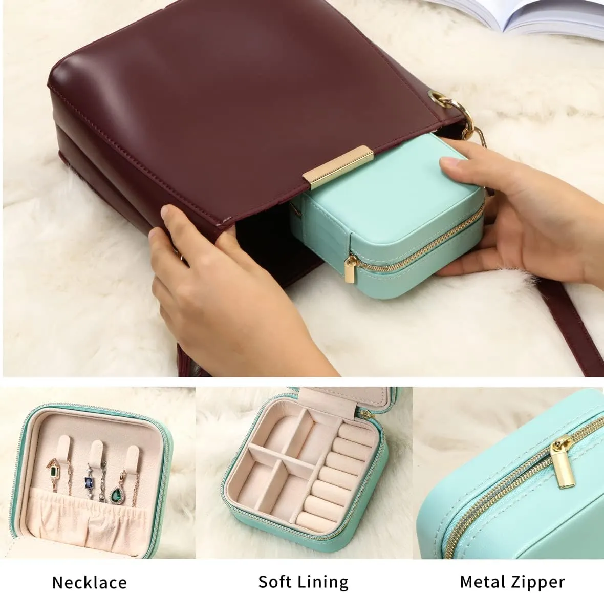 Jewelry Case with Mirror, Small Travel Jewelry Organizer, Portable Jewelry Box Mini Organizer Display Storage Box For Rings Earrings Necklaces (Black-4pack)