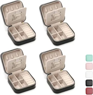 Jewelry Case with Mirror, Small Travel Jewelry Organizer, Portable Jewelry Box Mini Organizer Display Storage Box For Rings Earrings Necklaces (Black-4pack)