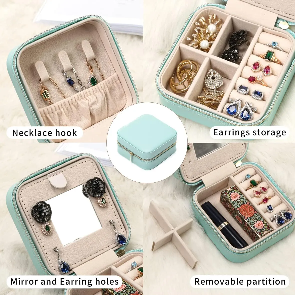 Jewelry Case with Mirror, Small Travel Jewelry Organizer, Portable Jewelry Box Mini Organizer Display Storage Box For Rings Earrings Necklaces (Black-4pack)