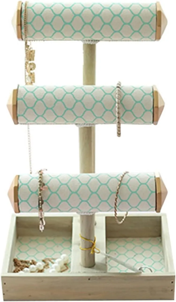 Jewelry Organizer 3 Tier Bracelet Holder T Bar Jewelry Display Stand, Wood Bracelet Organizer with Ring Tray, Long Necklace Bangle Scrunchie Watch Organizer Jewelry Display