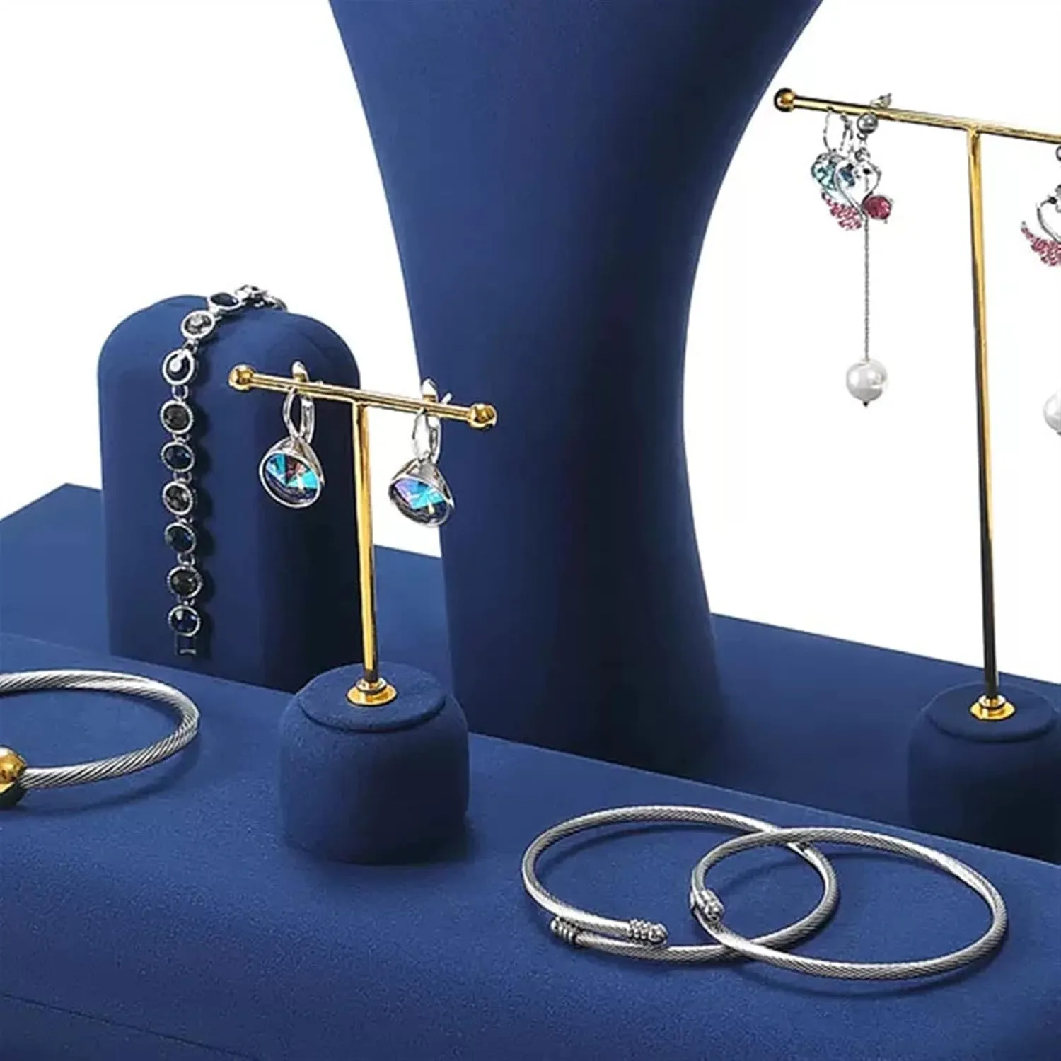 Jewelry Organizer Jewelry Display Bust Set Blue Velvet Jewelry Easel Chain Necklace Display Bust Stand Tower Rack for Retail Stores and Trade Shows