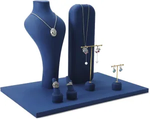 Jewelry Organizer Jewelry Display Bust Set Blue Velvet Jewelry Easel Chain Necklace Display Bust Stand Tower Rack for Retail Stores and Trade Shows