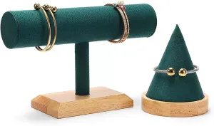Jewelry Stand Jewelry Display Stand 2 Piece Green Velvet Jewelry Display Set, T-Bar Stand and Wood Bangle Bracelet Watch Holder for Exhibit/Trade shows/Retail stores Jewelry Organizer