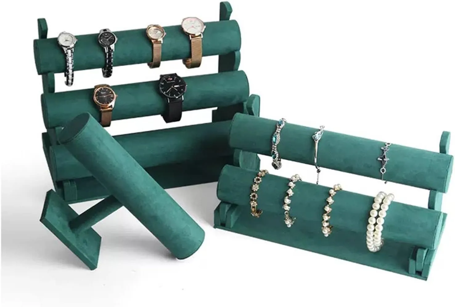 Jewelry Stand Velvet Bracelet Display Stand 1/2/3 Tier Detachable Bracelet Holder Watch Stand T-Bar Bracelet Stand for Jewelry Organizer and Hairband Display, Green Jewelry holder Jewelry Display ( Co