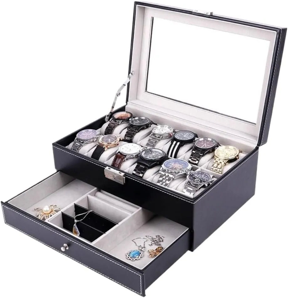 Jewelry Storage Box Double Layer 12-position Watch Jewelry Box Transparent 12-position Watch Box Jewelry Box Jewelry Storage Box Girls' Christmas Gift(Black)