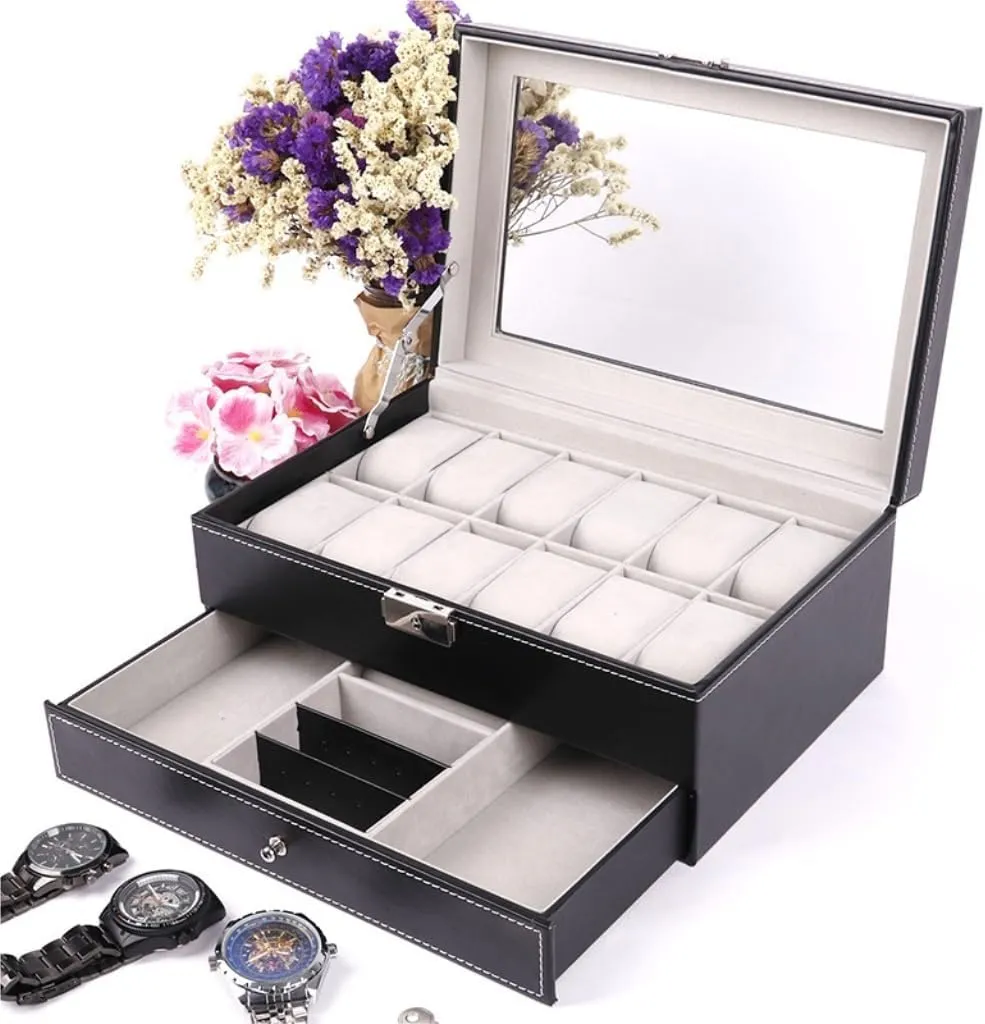 Jewelry Storage Box Double Layer 12-position Watch Jewelry Box Transparent 12-position Watch Box Jewelry Box Jewelry Storage Box Girls' Christmas Gift(Black)