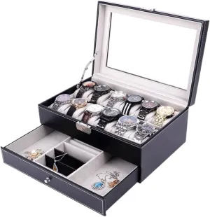 Jewelry Storage Box Double Layer 12-position Watch Jewelry Box Transparent 12-position Watch Box Jewelry Box Jewelry Storage Box Girls' Christmas Gift(Black)