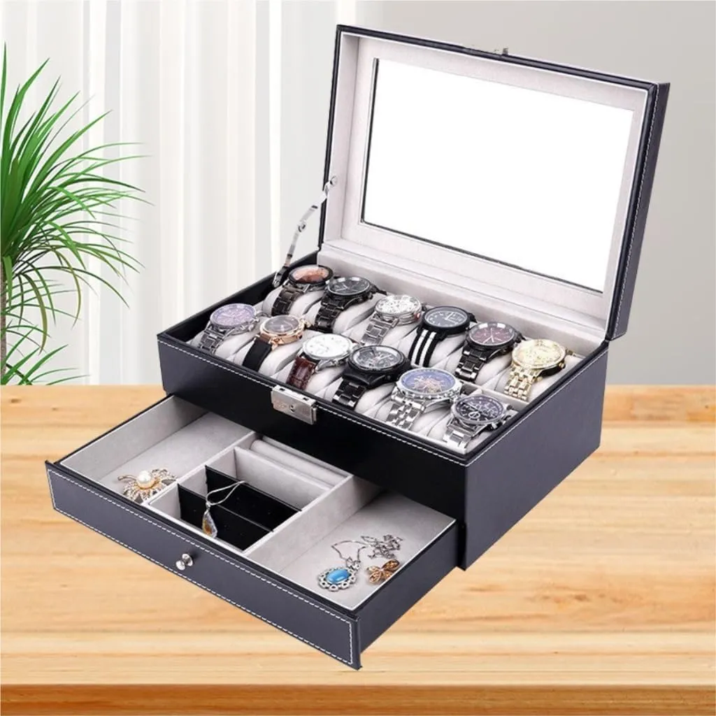 Jewelry Storage Box Double Layer 12-position Watch Jewelry Box Transparent 12-position Watch Box Jewelry Box Jewelry Storage Box Girls' Christmas Gift(Black)