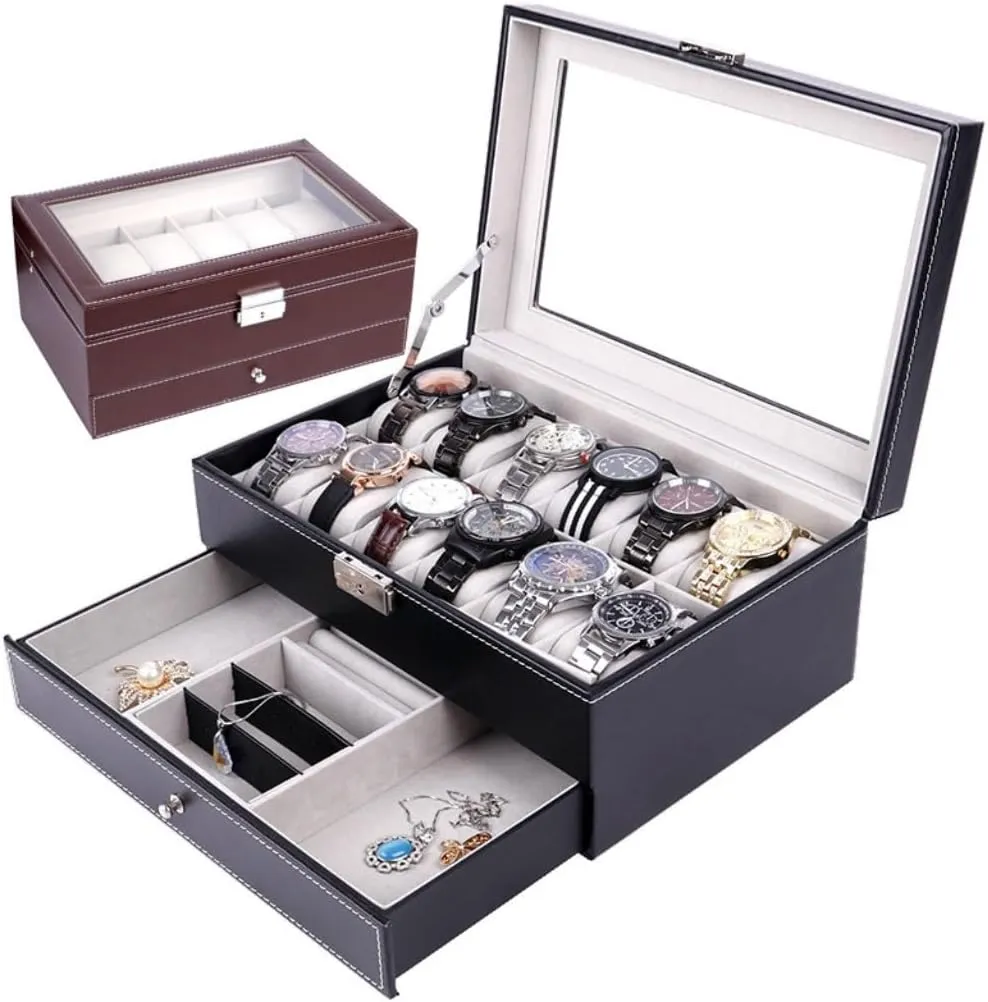 Jewelry Storage Box Double Layer 12-position Watch Jewelry Box Transparent 12-position Watch Box Jewelry Box Jewelry Storage Box Girls' Christmas Gift(Black)