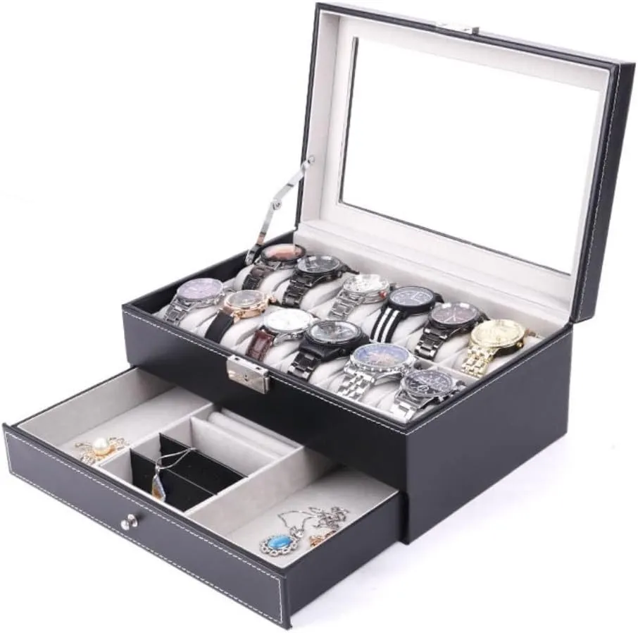 Jewelry Storage Box Double Layer 12-position Watch Jewelry Box Transparent 12-position Watch Box Jewelry Box Jewelry Storage Box Girls' Christmas Gift(Black)