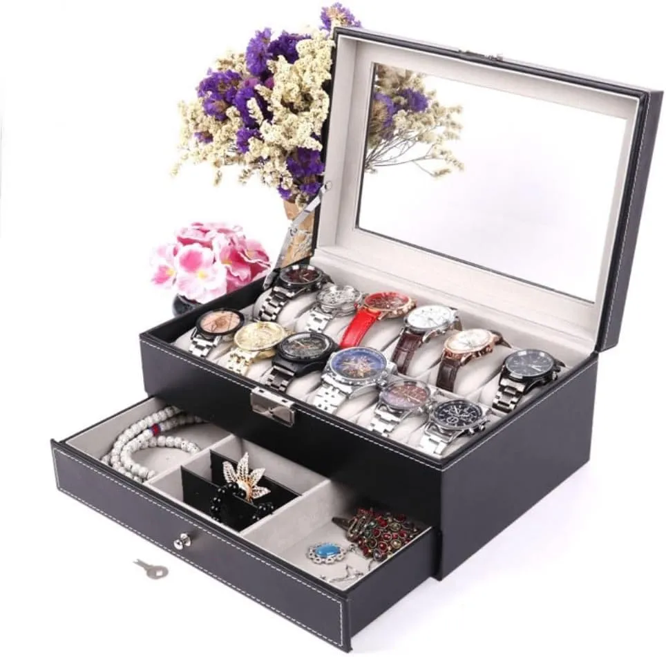 Jewelry Storage Box Double Layer 12-position Watch Jewelry Box Transparent 12-position Watch Box Jewelry Box Jewelry Storage Box Girls' Christmas Gift(Black)
