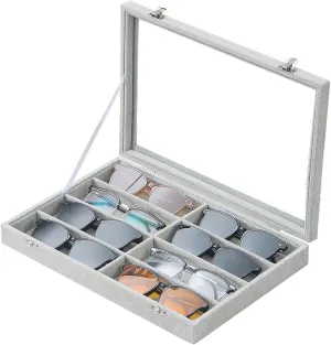 Jewelry Sunglasses Organizer Tray, Grey Velvet Eyeglasses Display Tray Box, Glasses Organize Storage Holder for Home Desk or Selling Show Display (with Lid)
