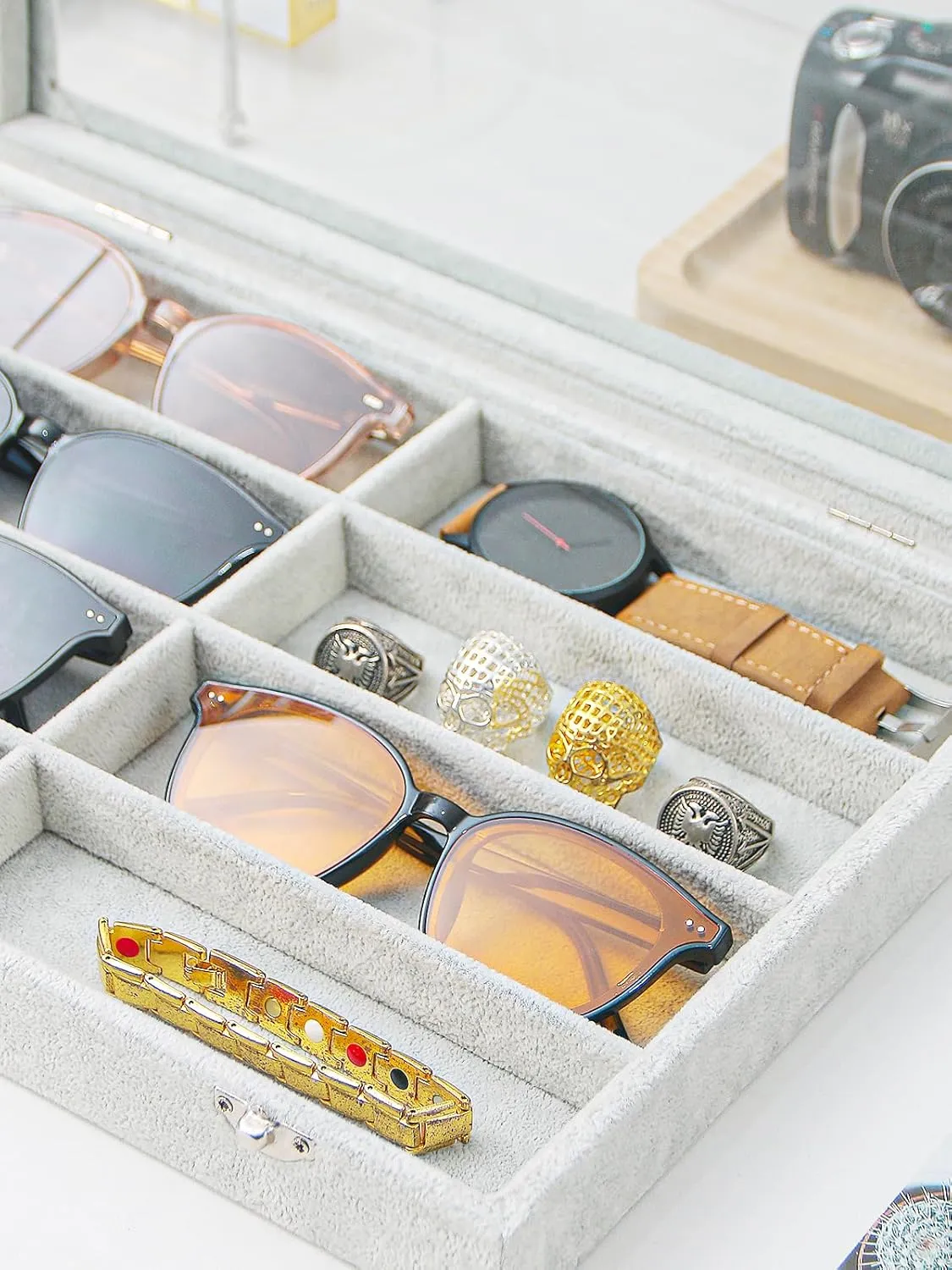 Jewelry Sunglasses Organizer Tray, Grey Velvet Eyeglasses Display Tray Box, Glasses Organize Storage Holder for Home Desk or Selling Show Display (with Lid)
