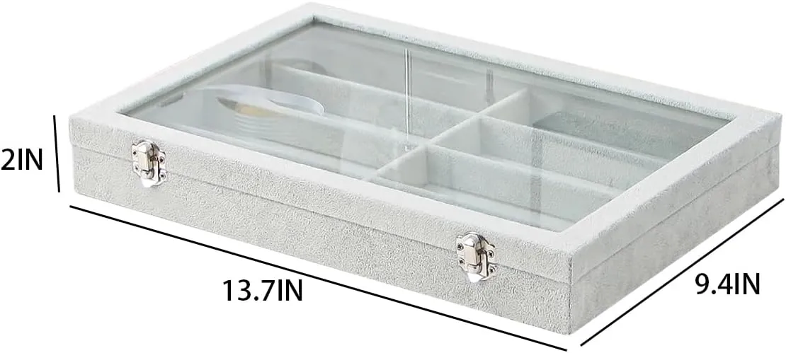Jewelry Sunglasses Organizer Tray, Grey Velvet Eyeglasses Display Tray Box, Glasses Organize Storage Holder for Home Desk or Selling Show Display (with Lid)