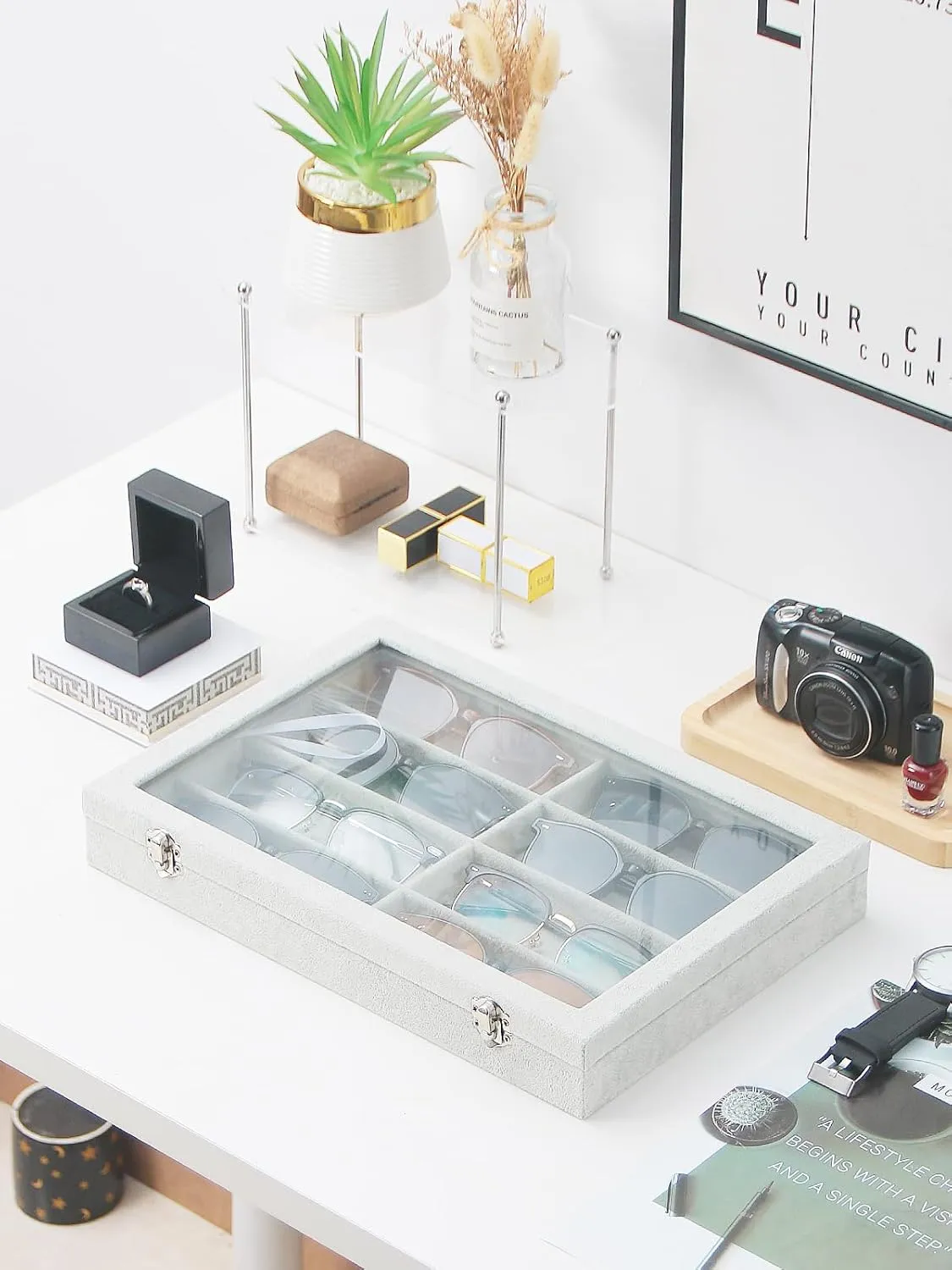 Jewelry Sunglasses Organizer Tray, Grey Velvet Eyeglasses Display Tray Box, Glasses Organize Storage Holder for Home Desk or Selling Show Display (with Lid)