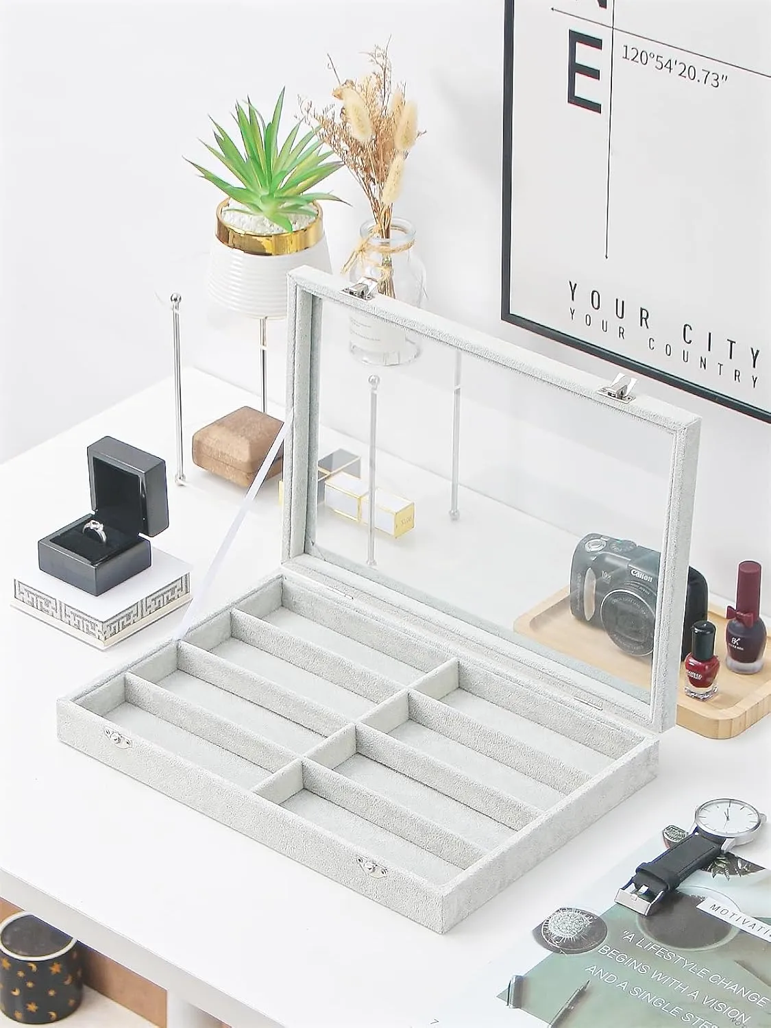 Jewelry Sunglasses Organizer Tray, Grey Velvet Eyeglasses Display Tray Box, Glasses Organize Storage Holder for Home Desk or Selling Show Display (with Lid)