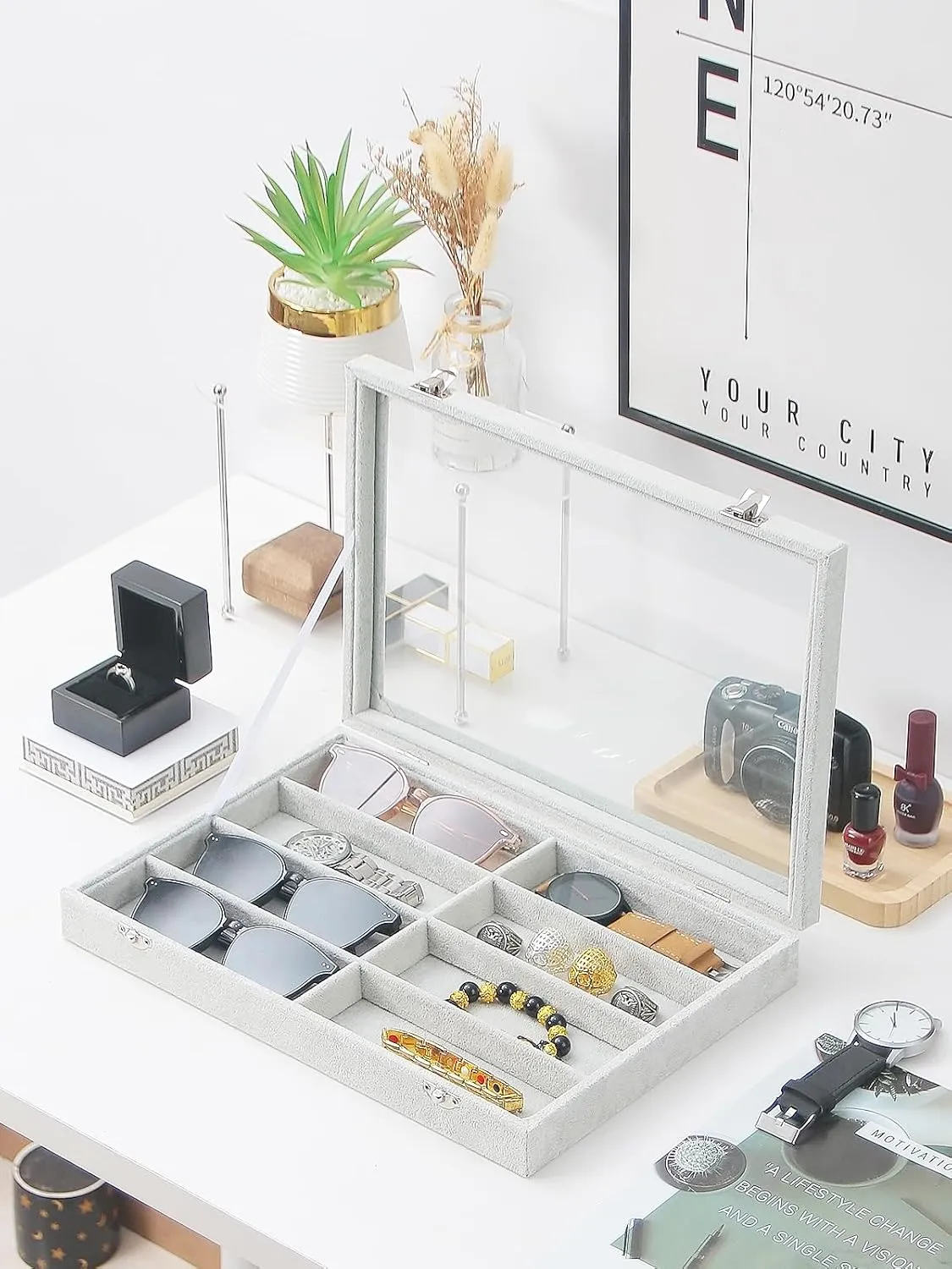 Jewelry Sunglasses Organizer Tray, Grey Velvet Eyeglasses Display Tray Box, Glasses Organize Storage Holder for Home Desk or Selling Show Display (with Lid)