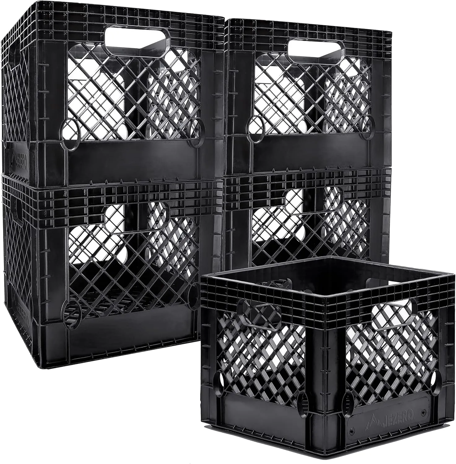 JEZERO Milk Crate for Household Storage: The Ultimate Storage Tote for Groceries, Garages, Kayaking & Outdoor, Stackable Storage | BLACK, Plastic, 13" x 13" x 11”, 5-Pack (MC16-5)