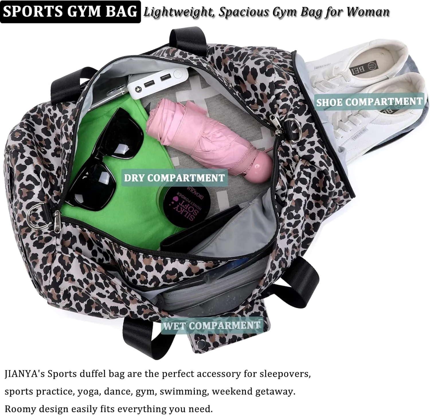 JIANYA Gym Bag Women Duffel Bags, Womens Sport Duffle Bags with Shoe Compartment and Wet Pocket, Carry On Size for Overnight Weekender Travel