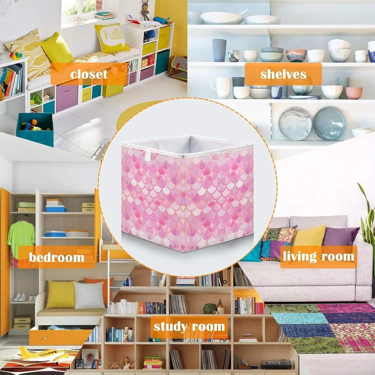 JIPONI Pink Magic Mermaid Scales Foldable Storage Bins Baskets, Cube Storage Box Organizers for Toys, Clothes, Closet, Shelves 11x11 In