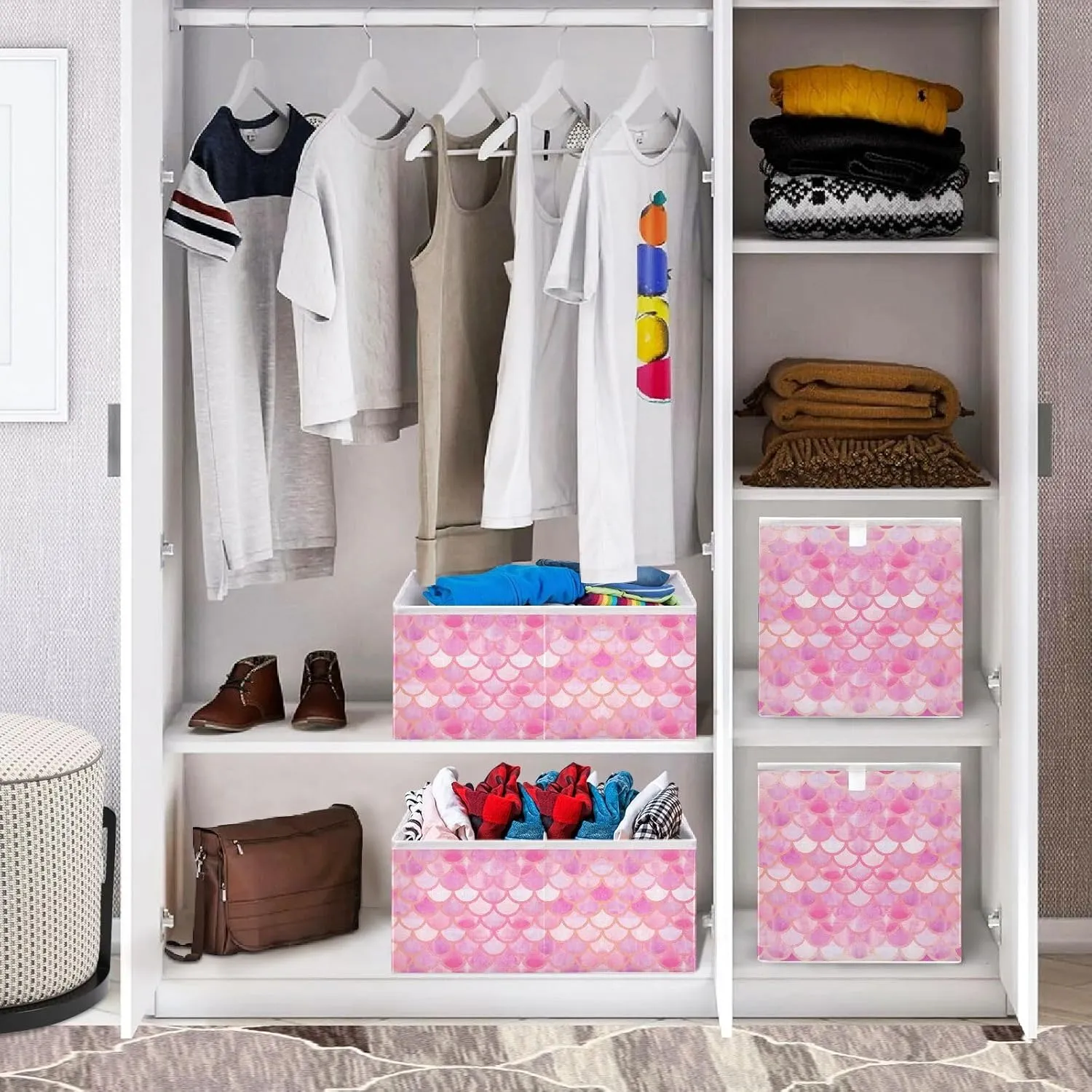 JIPONI Pink Magic Mermaid Scales Foldable Storage Bins Baskets, Cube Storage Box Organizers for Toys, Clothes, Closet, Shelves 11x11 In