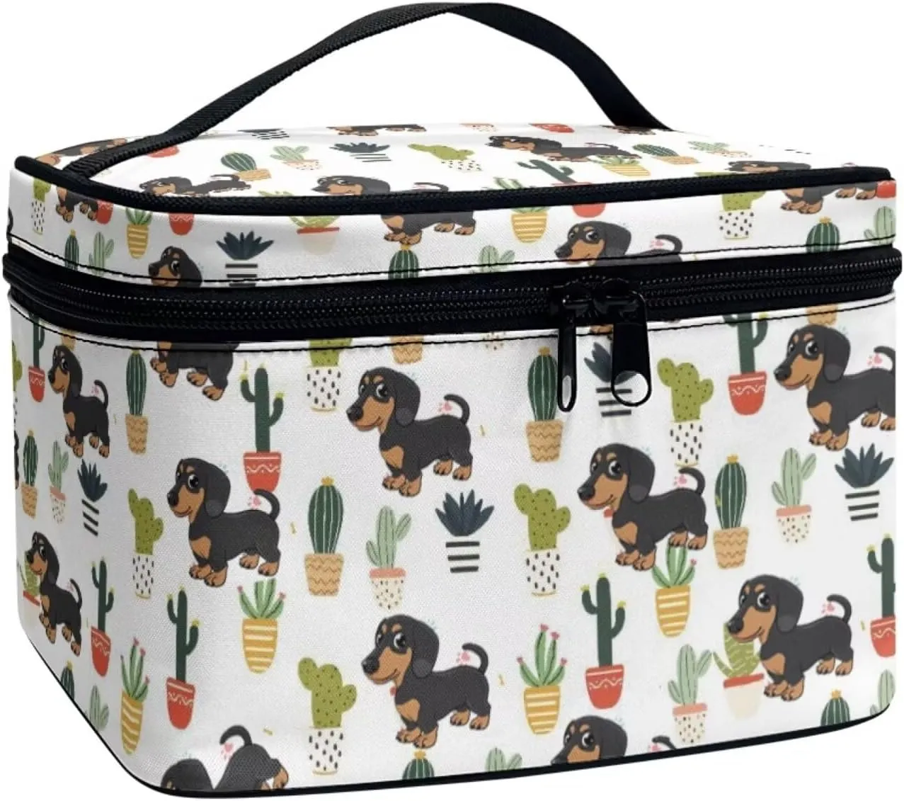 JoyLamoria Cute Dachshund Cactus Makeup Case Portable Cosmetic Bag Toiletry Containers for Women Girls