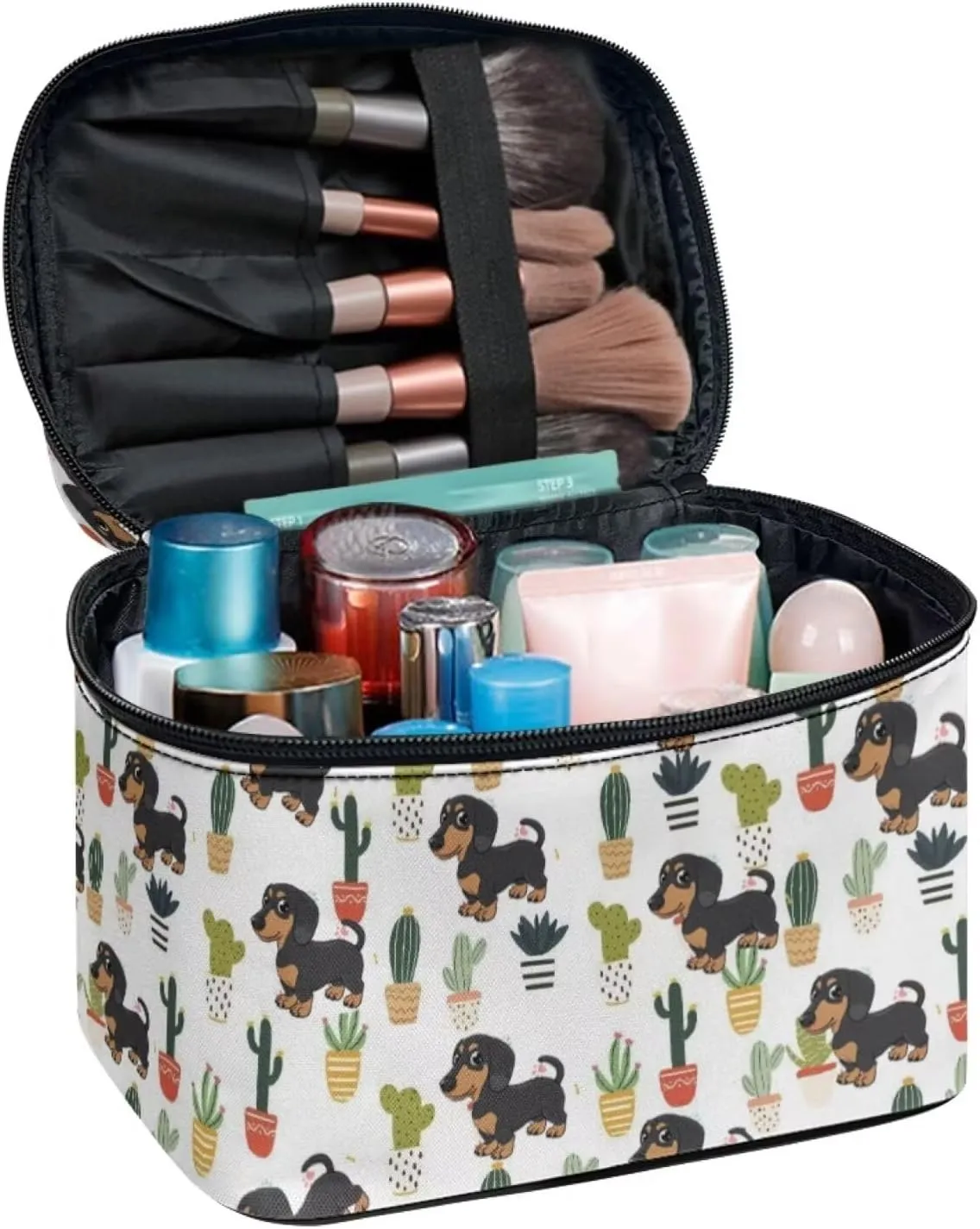 JoyLamoria Cute Dachshund Cactus Makeup Case Portable Cosmetic Bag Toiletry Containers for Women Girls
