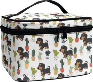 JoyLamoria Cute Dachshund Cactus Makeup Case Portable Cosmetic Bag Toiletry Containers for Women Girls