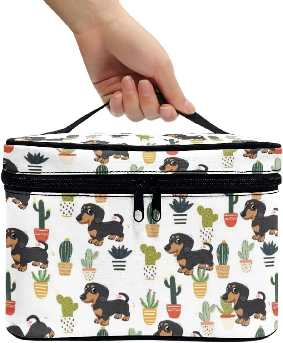 JoyLamoria Cute Dachshund Cactus Makeup Case Portable Cosmetic Bag Toiletry Containers for Women Girls