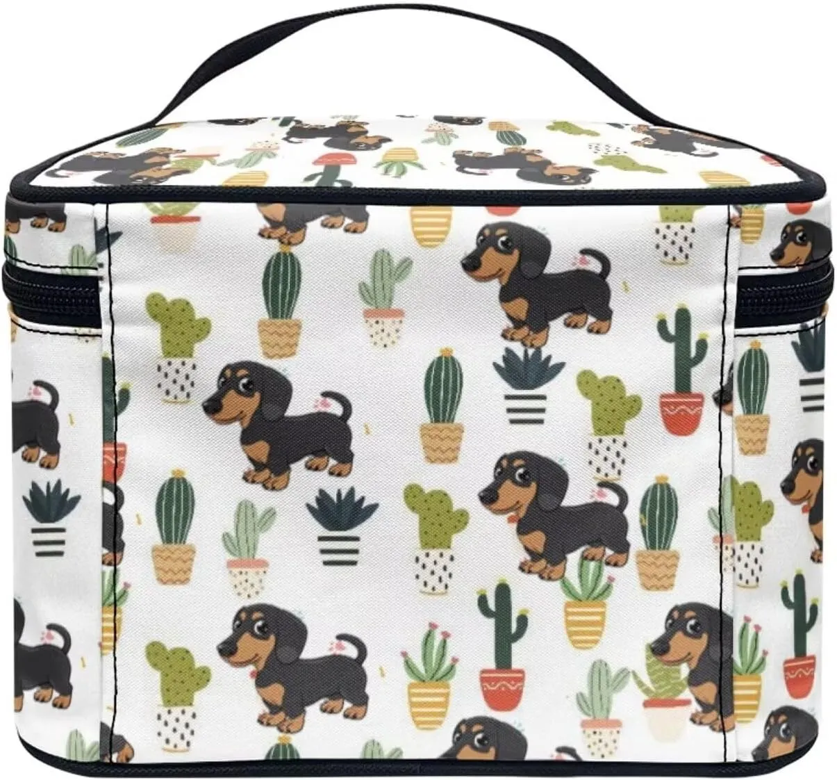 JoyLamoria Cute Dachshund Cactus Makeup Case Portable Cosmetic Bag Toiletry Containers for Women Girls