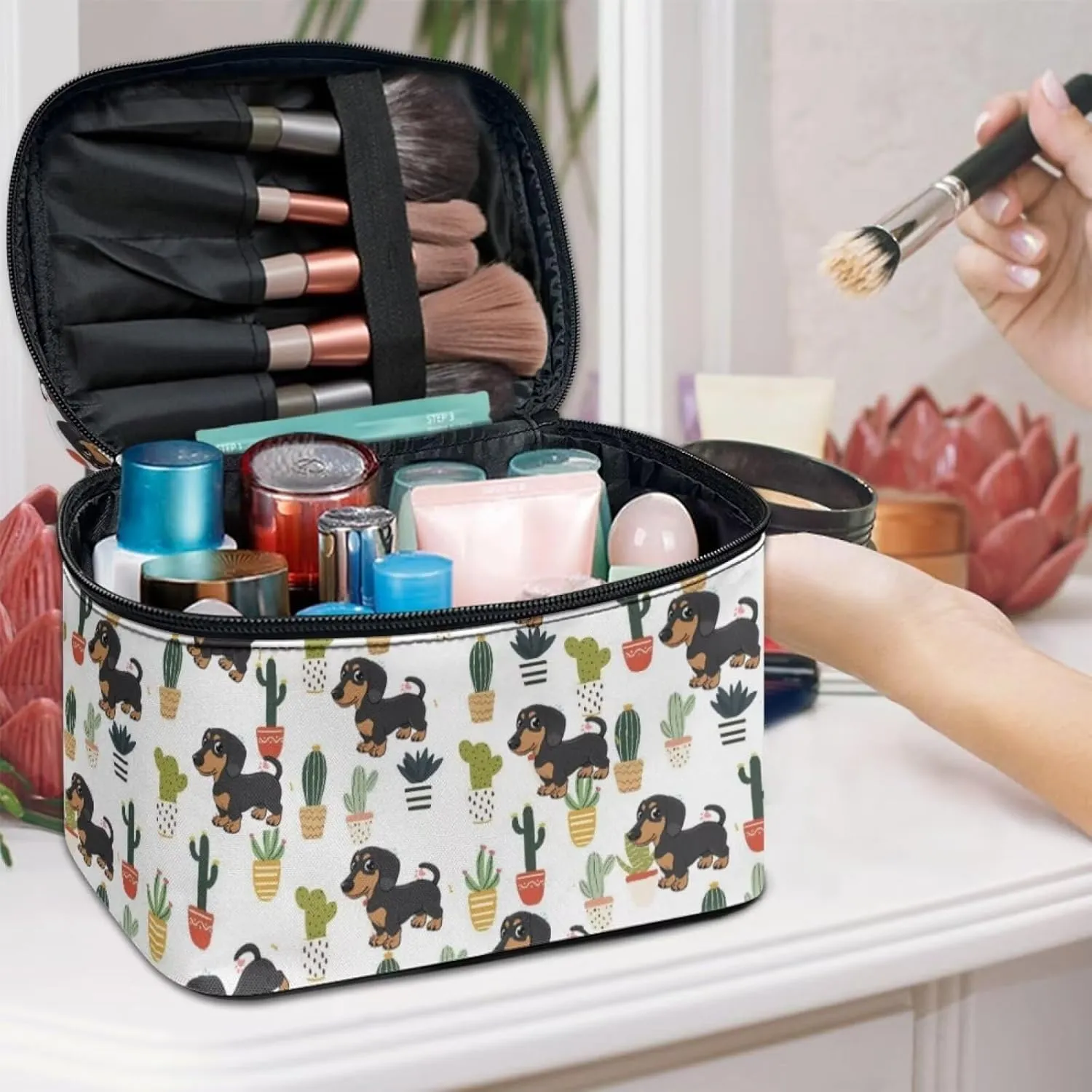 JoyLamoria Cute Dachshund Cactus Makeup Case Portable Cosmetic Bag Toiletry Containers for Women Girls