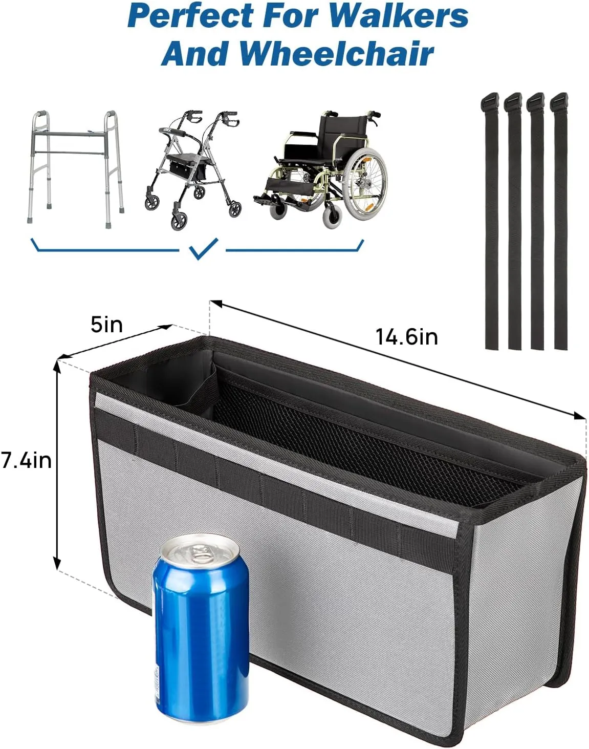 JOYTUTUS Walker Basket for Folding Walker, Basket for Walkers for Seniors,Rollator Walkers Storage Bag, Can be Installed Outside or Inside of Walker, Wheerchair,Gray