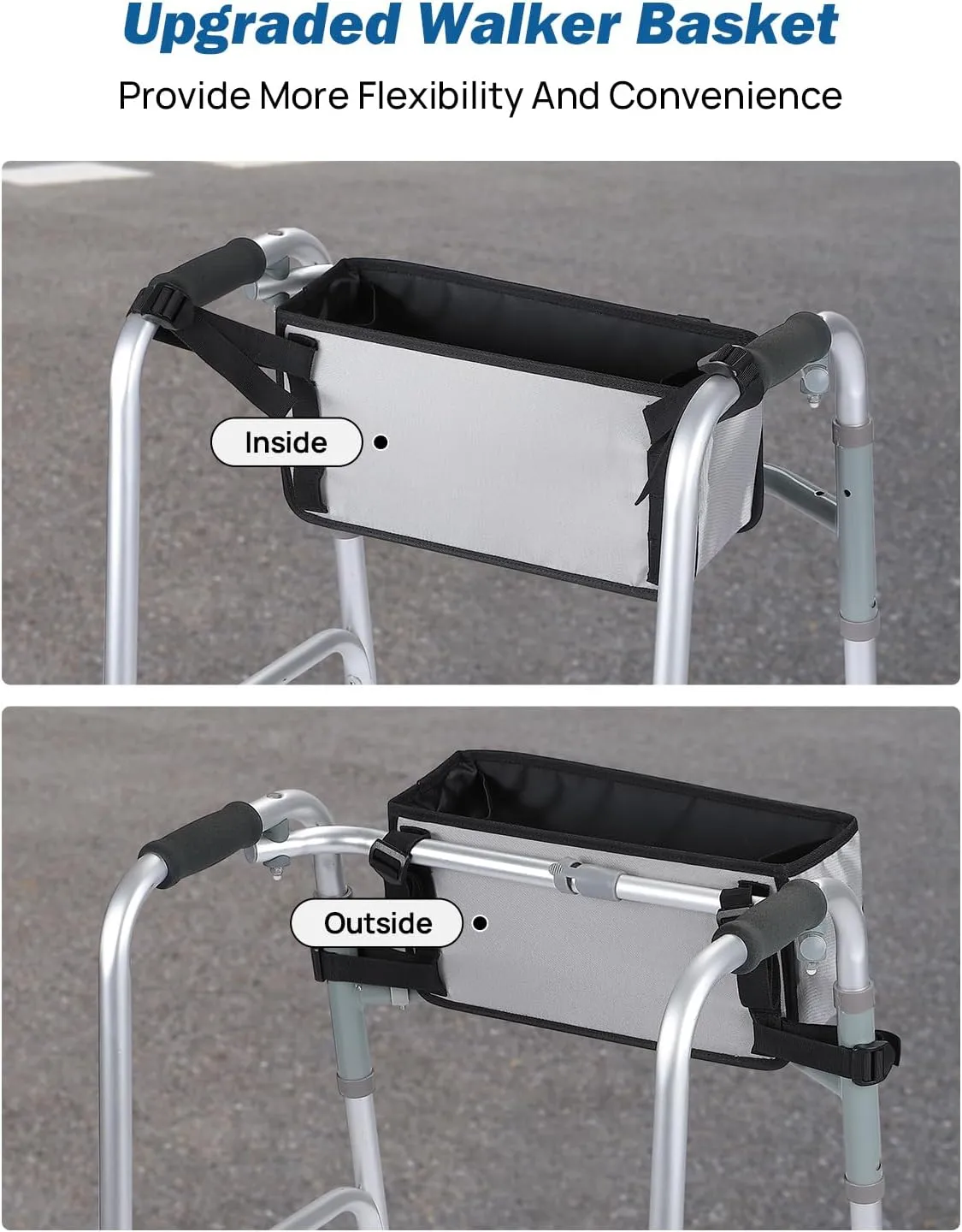 JOYTUTUS Walker Basket for Folding Walker, Basket for Walkers for Seniors,Rollator Walkers Storage Bag, Can be Installed Outside or Inside of Walker, Wheerchair,Gray
